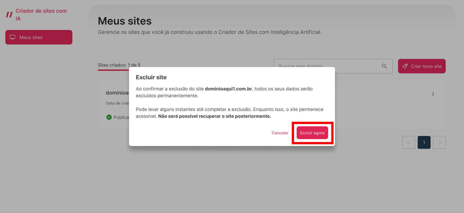 [Alt text: imagem do aviso informando que o site e o conteúdo dele não podem ser recuperados após a exclusão. 